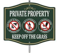 Private Property Keep Off Grass No Poop Pee Zone No Littering No Trespassing Sign 12" x 10" With 28" Long Metal Stakes Curb Your Dog Aluminum Outdoor Use Yard Lawn Home