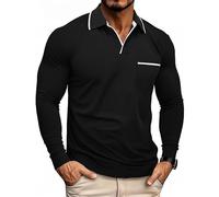 PRIVIMIX Mens Long Sleeve Polo Shirts with Pocket - V Neck Basic T Shirts for Work or Golf, Black, L