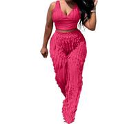 PRIVIMIX Women 2 Piece Outfits Sexy See Through Backless Top Ruffle Wide Leg Palazzo Pants Sheer Mesh Trousers Set, Rose, S