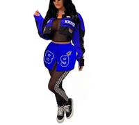 PRIVIMIX Women Varsity Jacket Detachable Skirt Set 2 Piece Motorcycle Biker Race Car Driver Costume Cropped Bomber Streetwear, Blue, XL