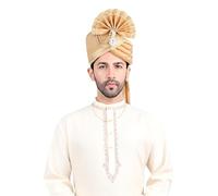 PRIYAKANT SAFAWALA Men's Traditional Wedding Collection Dupion Handcrafted Safa (Pheta/Pagdi/Turban) For Wedding And Engagement Use It (Free Size, Adjustable Velcro System), Golden, One Size