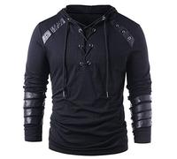 PRJN Men Gothic Steampunk Lace up Hoodie Long Sleeve Stitching Leather Sweatshirt Pullover Black Men Tops Casual Long Sleeve Shirts Patchwork Hoodie Artificial Leather Fabric Sweatshirts