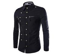 PRJN Men's Dress Shirt Zip Pockets Epaulettes Silver Buttons Casual Evening Men Men's new button zipper long-sleeved shirt Mens Hipster Patchwork Design Slim Fit Long Sleeve Button Up Dress Shirts