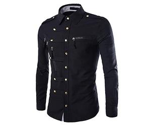 PRJN Men's Dress Shirt Zip Pockets Epaulettes Silver Buttons Casual Evening Men Men's new button zipper long-sleeved shirt Mens Hipster Patchwork Design Slim Fit Long Sleeve Button Up Dress Shirts