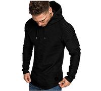 PRJN Mens Hoodies Clothes Round Neck Slim Solid Striped Pleated Raglan Long Sleeve Hooded Sweatshirt Top Blouse Tracksuits Men's Round Neck Slim Solid Color Hooded Long-Sleeved t-Shirt top A-Black
