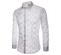 PRJN Men's Sexy See Through Lace Clubwear Long Sleeve Button Down Shirts Men's Flower See Through Sheer Casual T-Shirts Men's Long Sleeve Shirts Men's Standard-fit Long-Sleeve Lace Shirt B-White
