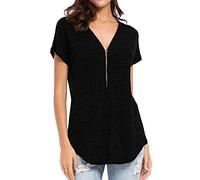 PRJN Womens Summer Sleeveless V-Neck Solid color Blouse Zip Front Tunic top Womens Sexy V-Neck Chiffon Blouse Cuffed Sleeve Solid Zip Casual Shirts Tops Women Short Sleeve V Neck Tops Summer Top