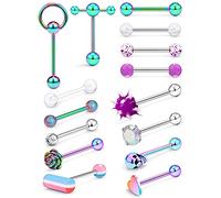 Prjndjw 14G Surgical Steel Tongue Rings for Women Men Teaser Double Barbell with Slave Ring Skull/Flower/Silicone Soft Spike Ball/CZ/Door Knocker/Pill Tongue Ring Piercing Jewelry 5/8inch Black, Metal