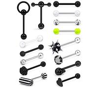 Prjndjw 14G Surgical Steel Tongue Rings for Women Men Teaser Double Barbell with Slave Ring Skull/Flower/Silicone Soft Spike Ball/CZ/Door Knocker/Pill Tongue Ring Piercing Jewelry 5/8inch Black, Metal