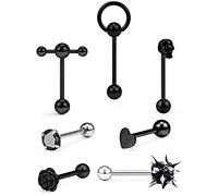 Prjndjw 14G Tongue Rings Skull Tongue Rings Flower/Door Knocker/Silicone Soft Spike Ball/Heart/Cubic Zircon/Double Barbell Wiht Slave Tongue Rings for Women Men Body Piercing Jewelry