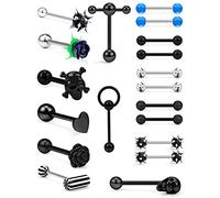 Prjndjw 14G Tongue Rings Surgical Steel Tongue Piercing Jewelry 5/8 inch 16mm Skull Heart Flower T Shape Koosh Spiky Silicone Soft Spike Ball Door Knocker Tongue Ring Body Piercing Jewelry Retainer,