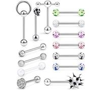 Prjndjw 14Pcs 14G Surgical Steel Tongue Rings Teaser Double Barbell with Slave Ring Body Piercing Jewelry for Women Men, Skull/Flower/Silicone Soft Spike Ball/Glitter Ball Closure, Metal, no gemstone