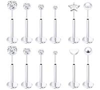 Prjndjw 18G 20G Push in Threadless Nose Rings Stud Earrings Hypoallergenic Flat Back Surgical Stainless Steel Cubic Zircon Helix/Cartilage/Tragus/Lobe Earrings Lip Labret Snake Bite Jewelry, Metal