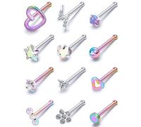 Prjndjw 20GNose Rings Studs Surgical Steel Nose Stud Hypoallergenic Cute CZ Small Heart Star L Shape 20 Gauge Silver Flower Opal Nose Piercing Jewelry, Metal Crystal, cubic-zirconia