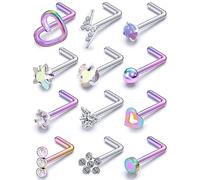 Prjndjw 20GNose Rings Studs Surgical Steel Nose Stud Hypoallergenic Cute CZ Small Heart Star L Shape 20 Gauge Silver Flower Opal Nose Piercing Jewelry, Metal Crystal, cubic-zirconia