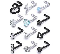 Prjndjw 20GNose Rings Studs Surgical Steel Nose Stud Hypoallergenic Cute CZ Small Heart Star L Shape 20 Gauge Silver Flower Opal Nose Piercing Jewelry, Metal Crystal, cubic-zirconia