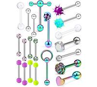Prjndjw Tongue Rings 21Pcs 14G Surgical Steel Tongue Rings Teaser Double Barbell with Slave Ring Body Piercing Jewelry for Women Men, Skull/Flower/Heart/Clear CZ/Glitter Ball Closure