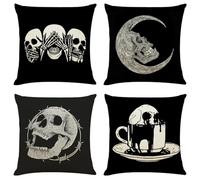 PRK 14 4 pcs Halloween Cushion Covers Pillow Throws for Livingroom Bedroom Tattoo Art Gothic Skulls Hear No Evil Couples Sofa Horror Scary Pillowcase Set 45 x 45cm