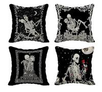 PRK 14 4 pcs Halloween Cushion Covers Skeleton Funny Bones Romantic Valentines Gothic Love Pillow Throws for Livingroom Bedroom Couples Sofa Horror Scary Pillowcase Set 45 x 45cm