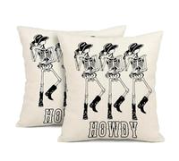 PRK 14 Cushion Covers 2 pcs Halloween Off White Howdy Skeleton Skulls with Cowboy Hat Gothic Pillow Throws Monsters for Livingroom Bedroom Couples Sofa Horror Scary Pillowcase Set 45 x 45cm