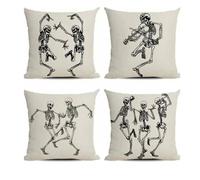 PRK 14 Cushion Covers 4 pcs Halloween Dancing Skeletons Funny Bones Gothic Pillow Throws for Livingroom Bedroom Couples Sofa Horror Scary Pillowcase Set 45 x 45cm