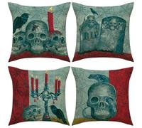 PRK 14 Cushion Covers 4 pcs Halloween Pillow Throws for Livingroom Bedroom Graveyard Skulls Evil Tombstone Couples Sofa Horror Scary Pillowcase Set 45 x 45cm