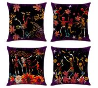 PRK 14 Cushion Covers 4 pcs Halloween Pillow Throws for Livingroom Bedroom Skeletons Dancing Skulls Evil Couples Sofa Horror Scary Pillowcase Set 45 x 45cm