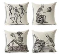 PRK 14 Cushion Covers 4 pcs Halloween Skeletons Funny Bones Gothic Pillow Throws for Livingroom Bedroom Couples Sofa Horror Scary Pillowcase Set 45 x 45cm