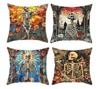 PRK 14 Cushion Covers 4 pcs Halloween Skulls Skeletons Love Skeletons Funny Bones Gothic Pillow Throws for Livingroom Bedroom Couples Sofa Horror Scary Pillowcase Set 45 x 45cm