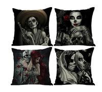 PRK 14 Cushion Covers 4 pcs Halloween Tattoo Gothic Pillow Throws for Livingroom Bedroom Couples Sofa Horror Scary Pillowcase Set 45 x 45cm