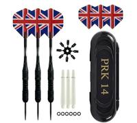 PRK 14 Professional Darts Set - 3 x 22g Black With Great Britain Union Jack Flag Steel Tips Aluminum Shafts In Travel Case with Accessories Stems and Spare Flights