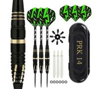 PRK 14 Professional Darts Set - 3 x 24g Black & Gold With Green Flights Steel Tips Aluminum Shafts In Travel Case with Accessories O-Rings Stems and Spare Flights