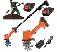 PRMTYUP 21v Cordless Electric Garden Tiller, 4 Inch Hand Held Tiller Garden tool, 235rpm, 10cm Tilling Width, 10cm Working Depth, For Garden,Vegetable Field,Greenhouse,with 2 batteries