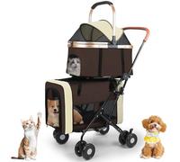 PRMTYUP Double Pet Stroller for Dogs or Cats, Folding Dog Stroller with 2 Detachable Carrier Bags, Safety Belt, 4 Lockable Wheels, Separate Compartments, for Multi-Pet Homes,Brown