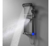 PRMTYUP Thermostatic Shower System, 2025 Upgraded 6 Functions Piano Key Design Shower Set, 40x10cm Shower Faucet Sets Complete and Handheld, LED Digital Display, Bathtub Faucet,Grey