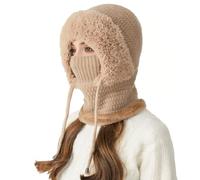 PRMTYUP Womens Fleece Lined Knit Beanie Hat, Winter Scarf Face Mask, Plush Windproof Earflaps Hats, One Piece Windproof Warm Snow Cap, for Hiking Cycling,Khaki,1pcs