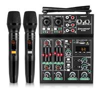 Pro 5 Channel Audio Mixer Mic Set for Live Streaming, Family Karaoke, Studio Recording, Bluetooth Dual Wireless Microphone System with USB Interface & 48V Phantom Power