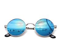 Pro Acme Retro Small Round Polarized Sunglasses for Men Women (Silver Frame | Blue Mirrored Lens)