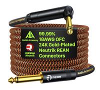 Pro Bass Guitar Cable 3 m, Gold-Plated Neutrik REAN Connector, 18 AWG OFC, Braided 6.35mm Guitar Lead for Fender Electric Bass Guitar Combo Amp Rumble Marshall, Right Angle, Neon Orange/Black
