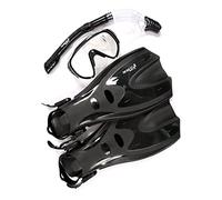 Pro Dive Series Dry Top Snorkel Mask Fins 3 Piece Silicone Diving Set - Style 2 (Black F70, L/XL UK9-UK13)