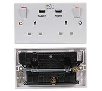 PRO ELEC 2-Gang Switched Mains Socket with USB Charging, 2x USB-A 5V 3.6A, 13A, White - Fits 25mm Wall Box (PELB1956)