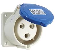PRO ELEC 32A 230V Panel Mount CEE Socket, 2P+E, IP44, Blue - Industrial IEC 60309-2 Connector with Hinged Cover (PELB0125)