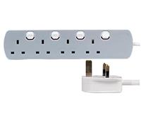 PRO ELEC 4-Gang Switched Mains Extension Lead, 1m Cable, 13A, White/Grey - PELB1765