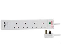 Pro Elec 4 Way 2 USB Surge Protected Extension Lead, 3m, White