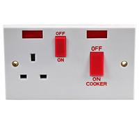 PRO ELEC 45A Double Pole Cooker Control Switch with 13A Socket & Neon Indicator - White Moulded, 2-Gang, BS EN 60669-1