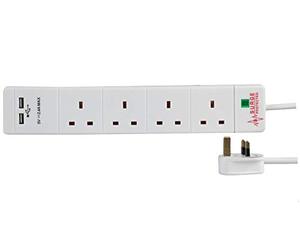 Pro Elec PEL00099 4 Way 2 USB Surge Protected Extension Lead, 5 m, White
