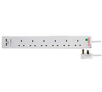 PRO ELEC PEL00113 - 6-Gang Surge-Protected Extension Lead with USB, 2 m, White