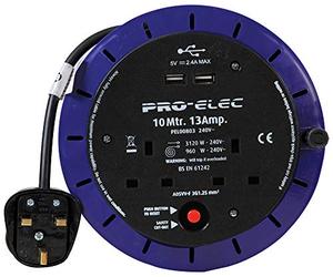 Pro Elec PEL00803 13A 2-Gang Cassette Reel mains Extension with 2x USB Charging Ports, 10 m