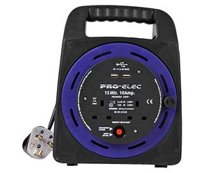 PRO ELEC PEL00804 - 2-Gang Mains Extension Cassette Reel with USB, 15 m