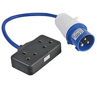 PRO ELEC PELB0139 16A, 230V, 2 Gang UK 13A Mains Socket to CEE Plug Extension Lead, 2P+E, Blue, 350mm